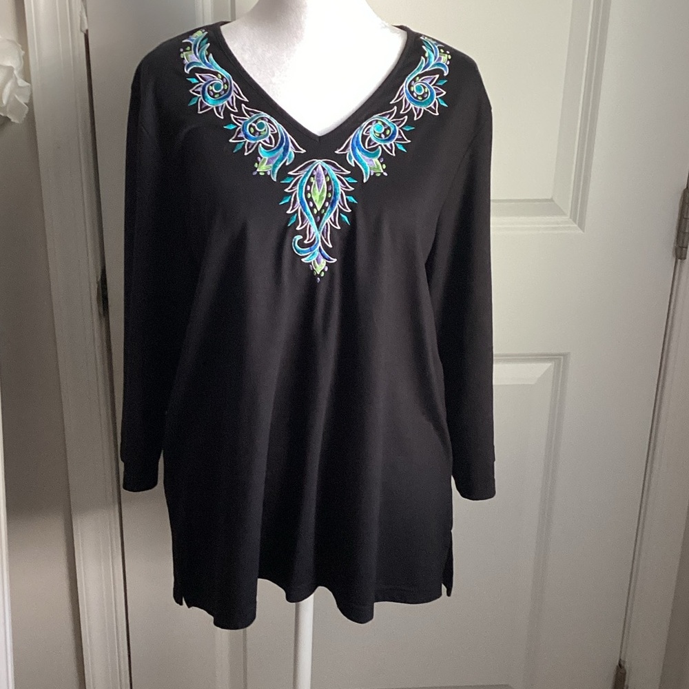 Bob Mackie Black Tunic with Teal, Blue and Lime Embroidery
